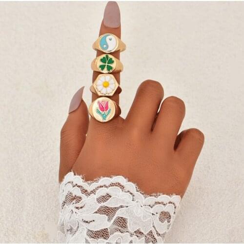ALYXUY Vintage Gold Pink Flower Lucky Four-Leaf Clover Bee Yin Yang Chunky Rings Oil Dripping Colorful Ins Style Jewelry Gift