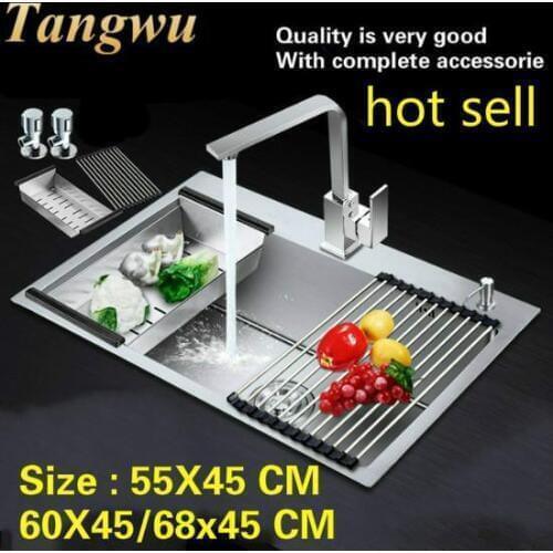 Free shipping Household kitchen manual sink single trough wash the dishes 304 stainless steel hot sell 55x45/60x45/68x45 CM