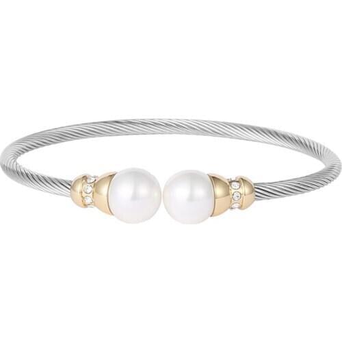 Chran Perfect Round Shell Pearl Bangles Jewelry Silver Plated Elastic Stainless Steel Cable Bracelet for Women
