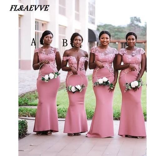 In Stock Mermaid Bridesmaid Dresses Lace Appliqued Sexy African Bridesmaids Dress Illusion Neck Wedding Party