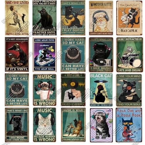 Black Cat Music DJ Style Metal Tin Sign Plate Poster for Cat Lovers Gift Poster Kitchen Livingroom Bar Club Sweet Home Decor
