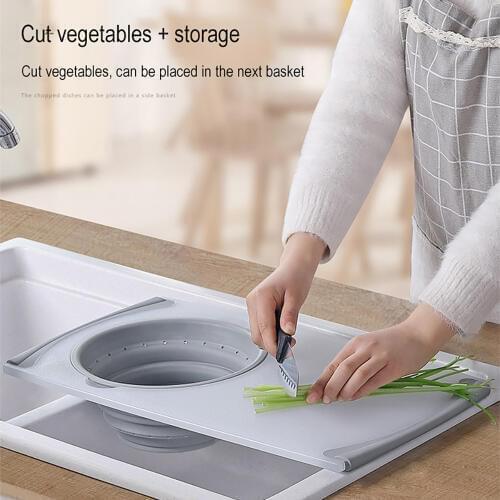 3 In 1 Multi-Function Food Tray Sink Drain Basket Cutting Board Filter Chopping Blocks Meat Vegetable Fruit Basket Storage