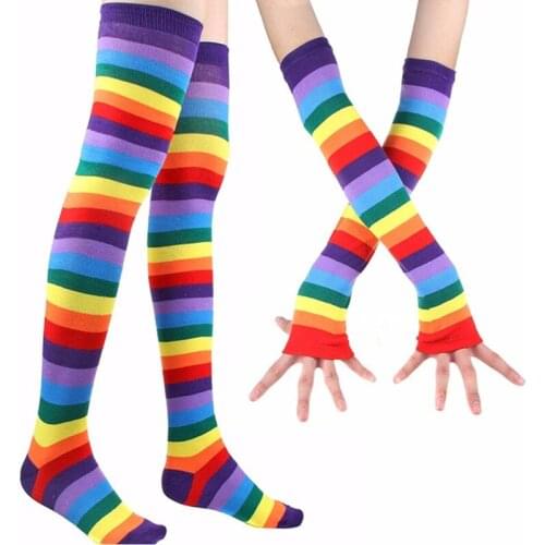 Women Rainbow Colorful Striped Thigh High Socks Arm Warmers Set Knitted Over Knee Stockings Fingerless Long Gloves Mittens Party