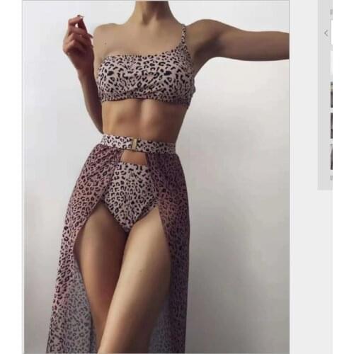 2021 New leopard printed 3PCS/SET bikini and cover-ups set sexy women one shoulder swimwear beach skirts cover up beachwear