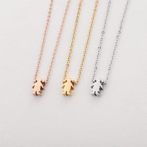 Little Girl Boy Pendant Necklace Stainless Steel Cute Doll Beaded Necklace Chain Couple Decoration