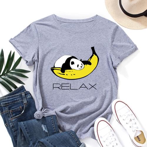 Relax Nap Panda Sleeping on Banana Shirt for Women Cute Panda Bear T-Shirt Animal Graphic Tee Summer Cotton Short Sleeve Tops