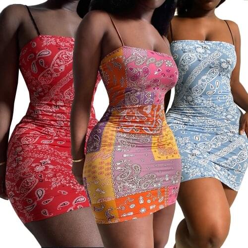 Sexy Spaghetti Strap Pattern Print Bodycon Package Hip Mini Dresses 2021 Fashion Clothes for Women Clubwears
