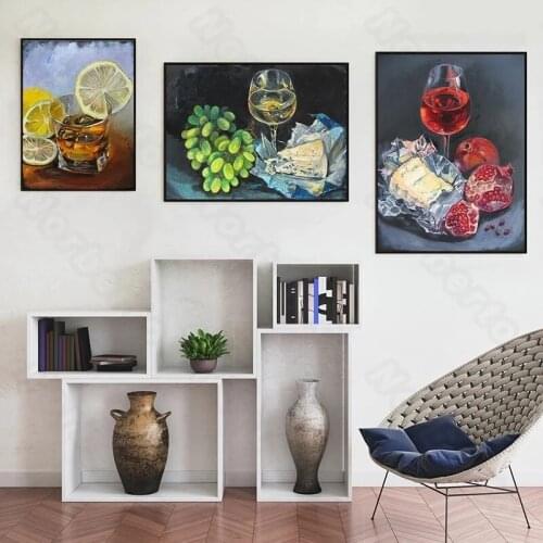 Modern Canvas Painting Poster Print Fruits and Wine Pictures Grapes Pomegranate and Lemon for Home Rooms Gallery Wall Decoration