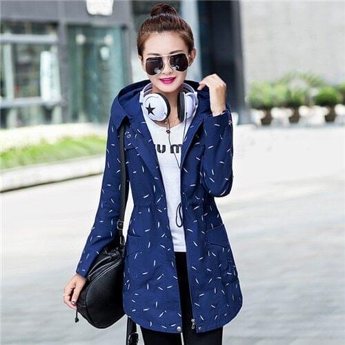 Autumn Winter Long Sleeves Plus Size Women Women Windbreaker 2021 New Fashion Printed Student Hooded Trench Coat