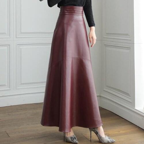 2021 spring autumn ol pu leather skirt women high waist big swing a-line long skirt