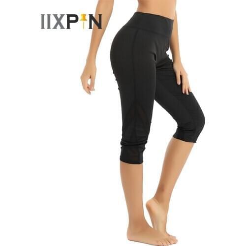 Women Ballet Dance Leggings Dance Gymnastic Costume High Waist Leggings Mesh Spliced Calf Length Dance Pants Sport Fitness Pants
