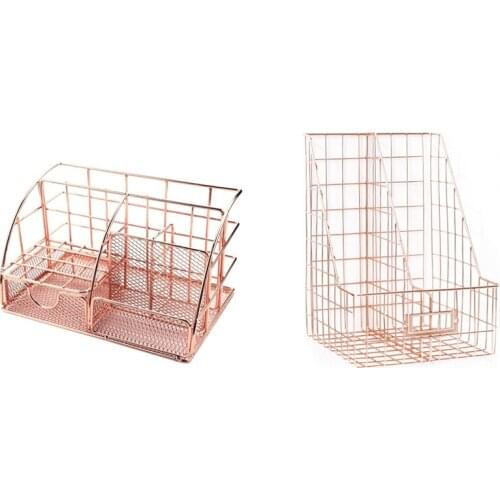 Rose Gold Ladies Desktop Storage Box, Desktop Storage Box with Desk Organizer Stationery Office Mesh Book Shelf