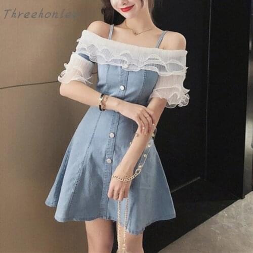 2021 Summer New Fashion Slim Woman Denim Dresses Off Shoulder Short Sleeve Mesh Patchwork Ruffles Lace Female Spaghetti Dress