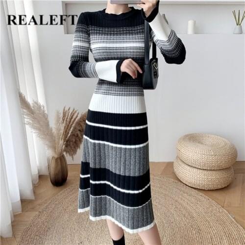 REALEFT Autumn Winter Classic Striped Knitting Womens A-Line Dresses 2021 New High Waist Long Sleeve Midi Sweater Dress Female