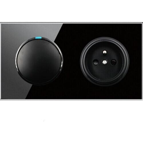 146 Type 1 gang 2way + French Socket Crystal Tempered Pure Glass Panel 13a Double Eu Standard Wall Power Socket Grounded black