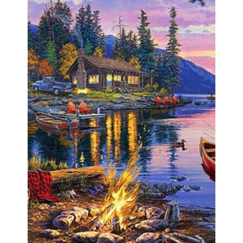 5D DIY Landscape Painting Diamond Painting Square/Round Diamond Lakeside Wooden House Picture Cross Stitch Decoration Art TX081
