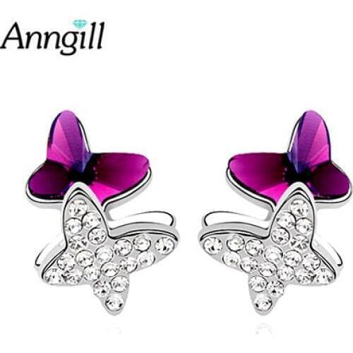 ANNGILL Jewelry Crystals from Swarovski Butterfly Stud Earrings For Women Trendy Jewellery Orecchini Aros Aretes Birthday Gift