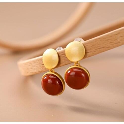 Antique Style S925 Sterling Silver Gold Plated Southern Red Agate Retro Easy Matching Non-Allergic Simple All-Matching Womens