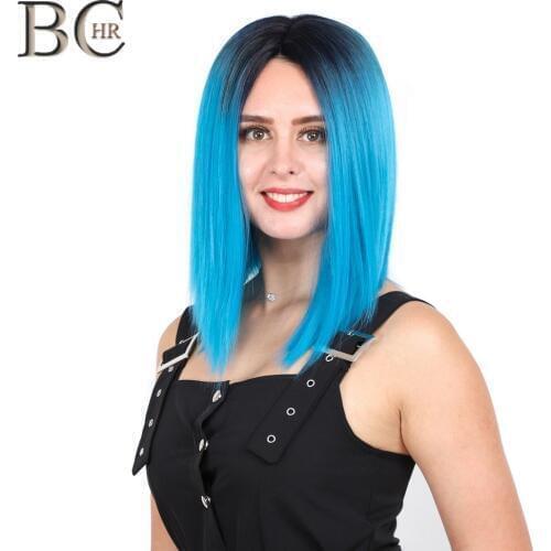 BCHR Ombre Bob 13*4 Synthetic Lace Front Wig Dark Root Blue Wig for Women Cosplay wig