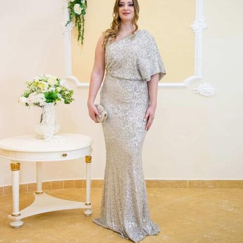 Shining Silver One Shoulder Half Sleeve Mermaid Sequin Evening Gown 2021 Robe Longue Wedding Guest Party Dresses