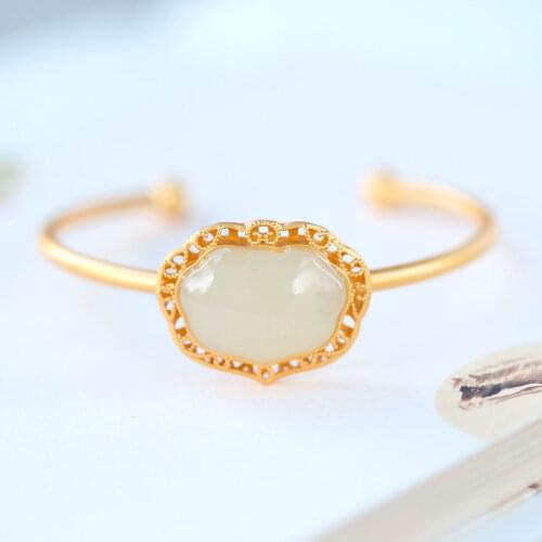 S925 Sterling Silver Inlaid Natural Hetian Jade Hollow Lace Geometric Atmosphere Elegant Graceful Ruyi Open-Ended Bracelet