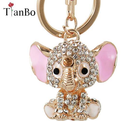 Rhinestone Crystal Elephant Keychain Pattern Purse Bag Car Charm Key Ring Buckle Clasp Gifts Pink Ear White Body Crystal