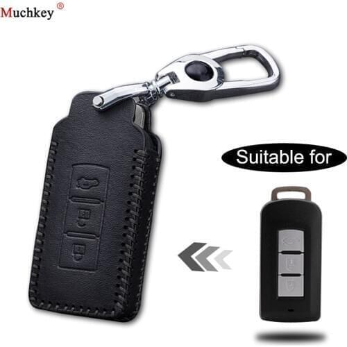 Leather Remote Case Car Key Bag Cover For Mitsubishi 3 Buttons Smart Key Luxury Genuine Hand Sew Black Line 1PC