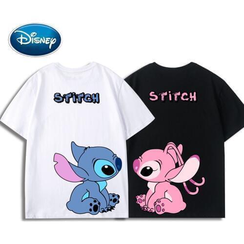 Disney Front Back Stitch Angel Little Monster Cartoon Print Couples Unisex Women T-Shirt O-Neck Short Sleeve Tee Tops 5 Colors