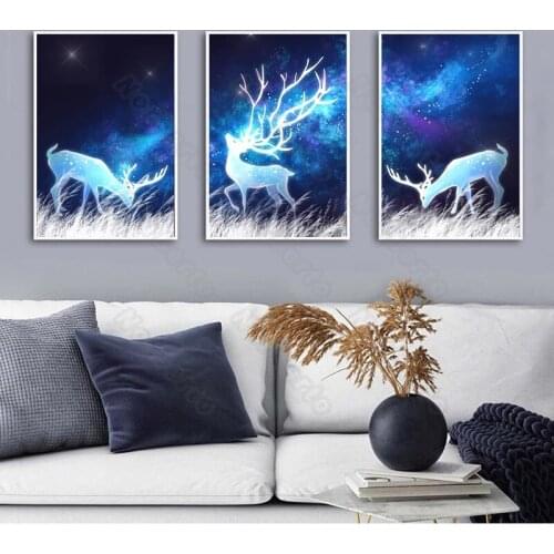 Animals Canvas Painting Poster Art Abstract Lighted Deer with Blue Purple Light for Living Rooms Bedroom Gallery Wall Decoration