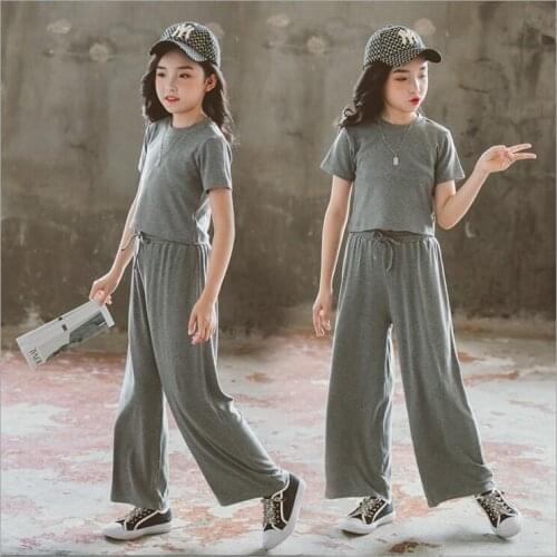Girls Clothing Sets Summer Girls Clothes Suits 2020 Grey Top+Wide Leg Pants 2Pcs Costume Outfits Children Clothing Suits10 12 14