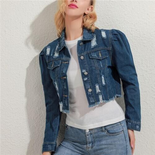 Winter Autumn Women Coat Vintage Casual Short Denim Jacket Denim Collar Street Clothing Women Ripped Denim Jacket