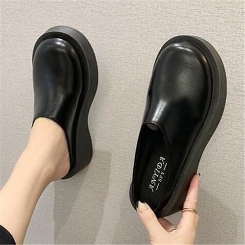 Womens Summer Half Slippers Fashion Sofe Leather Shoes Ladies Wedges Mules BaoTou No Heel Woman Thick Sole Japanese Style Shoes