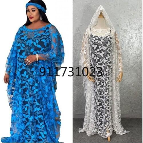 New Dashiki Fashion Loose Embroidery Long Dress African Maxi Dress For Women African Clothes Elegant Lace Dresses And Scarf