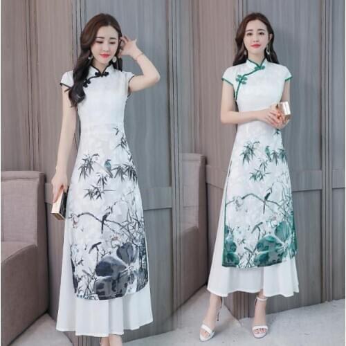 New Style Ao Dai Chinese cheongsam dress Chiffon dresses Summer Long Vintage Print
