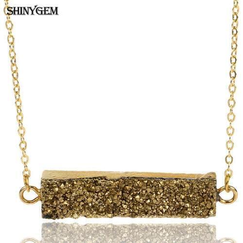 ShinyGem Rectangle Druzy Stone Statement Necklace Handmade Mineral Crystal Necklace Gold Chain Natural Stone Necklaces For Women