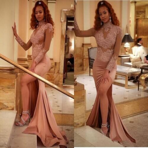 Prom Dresses 2020 High Neck Lace Applique Beads Long Sleeves High Slit Sweep Train Party Evening Gown