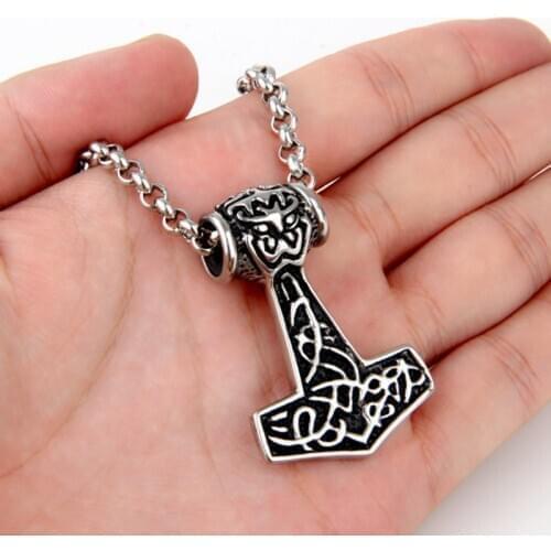 Stainless Steel Norse Vikings Thor Quake Talismans Men long Necklace Pendant Thor Hammer chokers factory outlet
