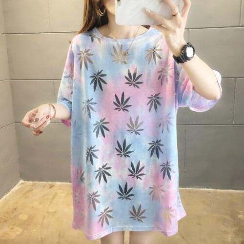 Casual Style Hollow Out Female Cotton Shirt Design Leaf Print Loose Womens Blouse And Tops Funny T Shirts Women Tee Shirt Femme