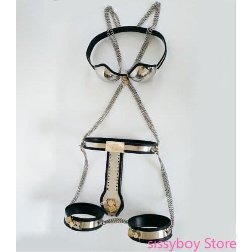 Chastity Belt Pants+bra+thigh Ring) 3pcs Stainless Steel Male Chastity Device with Cock Cage Bondage Set for Men Penis BDSM