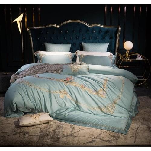 American Embroidered Luxury Egyptian cotton Bedding Sets Queen King size 4pcs Bed set Bed Sheet Duvet Navy blue
