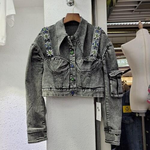 2021 Autumn Black Denim Jacket Women New Retro Washed Jean Coat Diamond Shoulder Strap Fake Two-Piece Veste Femme Short Design