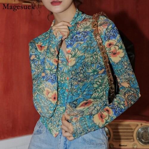 Mesh Print Floral Shirt Women 2021 Spring Long Sleeve Women Tops Button Up See Through Tops Fashion Korean Women Clothing 13148