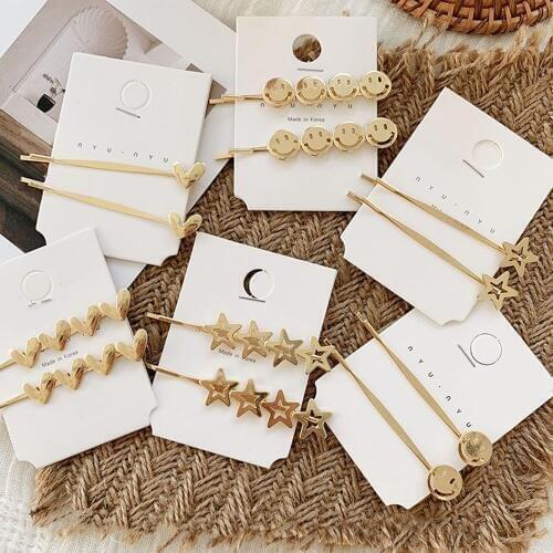 1pcs Korea Simple Metal Hairpins For Women Hollow Star Heart Hair Clips Butterfly Hair Pins Gold Color Smile Face Care Hairgrip