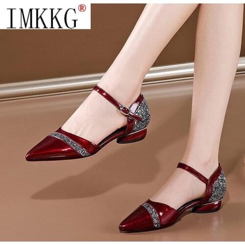 2021 Summer Shoes Fashion Patent Leather Dress Shoes Glitter Pointed Toe Women Sandals Buckle Strap Low Heels Female Shoes