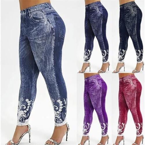 Women Gym Leggings Faux Denim Jeans Leggings Pocket Printing Leggings Casual High Waist Pencil Pants Plus Size Pants