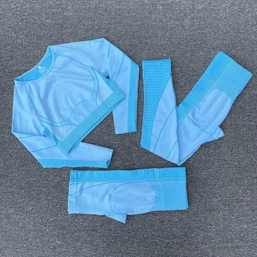 1New Seamless Women Yoga Set Running Gym Workout Sportswear Long Sleeve Crop Top+Sport Leggings+Shorts Fitness Suit Yoga Suit