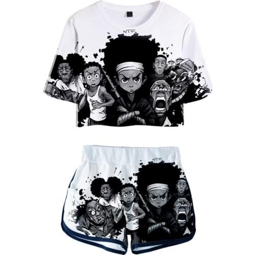 Anime The Boondocks Tracksuit Women Two Piece Set Summer Short Sleeve Female Crop Top+Shorts Girls Sexy Casual Suit Kawaii Y2K