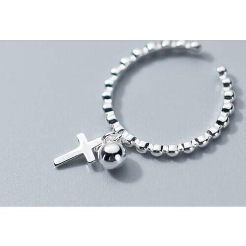 Fashion 925 Sterling Silver Bead Cross Dangle Open Finger Rings for Women S925 Resizable Wedding Engagement Ring Luxury Jewelry