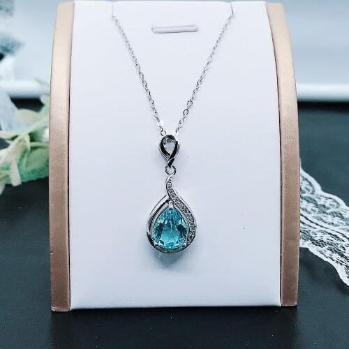 QTT Ladies Sea Blue Crystal Water Drop Pendant Necklace 925 Silver Charm Coker Zircon Necklaces For Women Wedding Party Gift