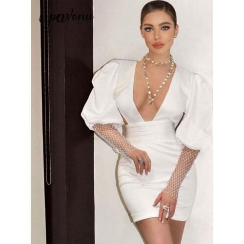 Free Shipping 2020 New Puff Sleeve Patchwork Beading Backless Womens Dresses V Neck Long Sleeve Lace Up Sexy Dresses Vestidos